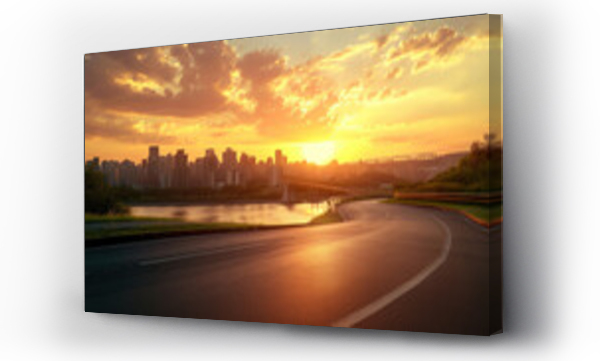 Wizualizacja Obrazu : #734891175 Race track road and bridge with city skyline at sunset.