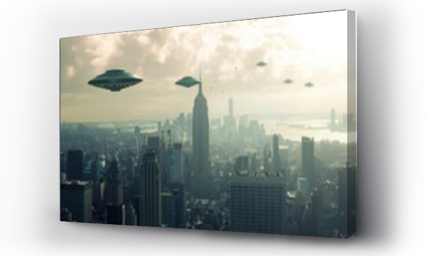 Wizualizacja Obrazu : #735116212 Flying saucers soar over city buildings in the sky