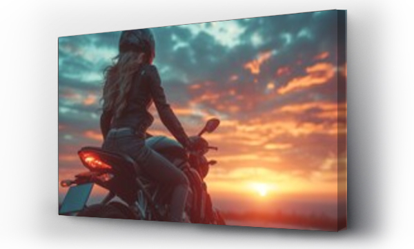 Wizualizacja Obrazu : #735820982 The silhouette of a stylish young woman on a motorbike at sunset embodies freedom and adventure.