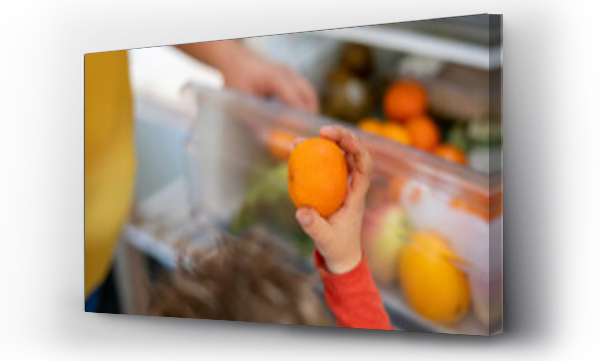 Wizualizacja Obrazu : #736001829 Mother giving her son a healthy snack, fruit from the fridge