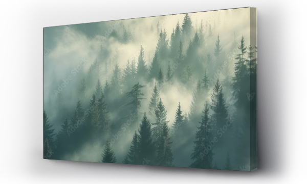 Wizualizacja Obrazu : #736268673 Misty landscape with fir forest in vintage retro style