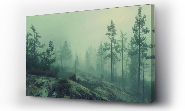 Wizualizacja Obrazu : #736268812 Misty landscape with fir forest in vintage retro style