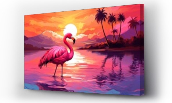 Wizualizacja Obrazu : #736304606 a flamingo standing in water with palm trees and sunset