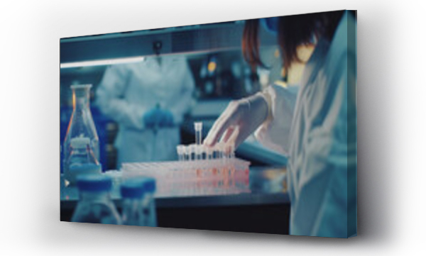 Wizualizacja Obrazu : #736396178 researcher working in a biotechnology lab biochemical engineer working with microplate in a laboratory experiment. with copy space image