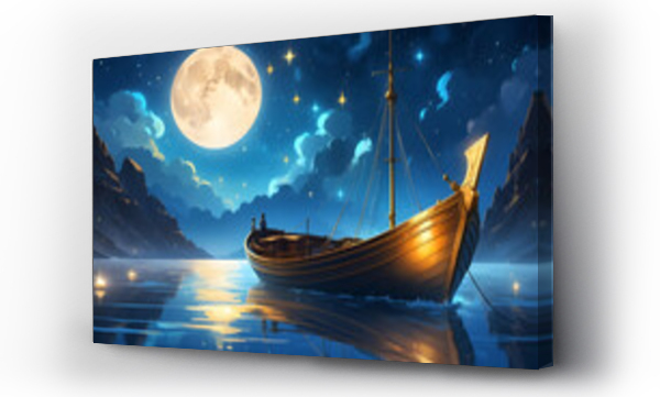 Wizualizacja Obrazu : #737706123 A Real Boat and Night Moon with stars, palette combining blue and gold