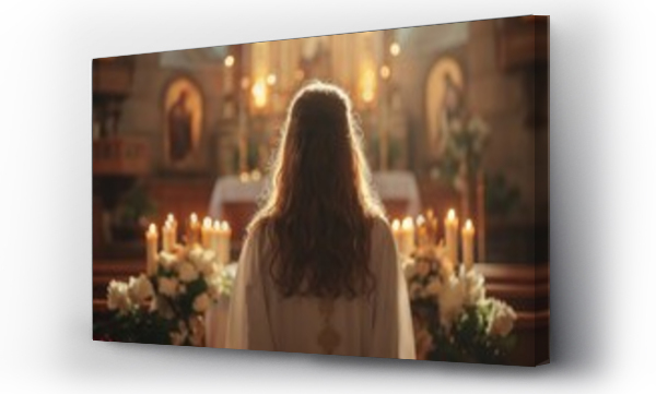 Wizualizacja Obrazu : #737891514 A female priest stands near the altar of a church, holding candles while giving a sermon.