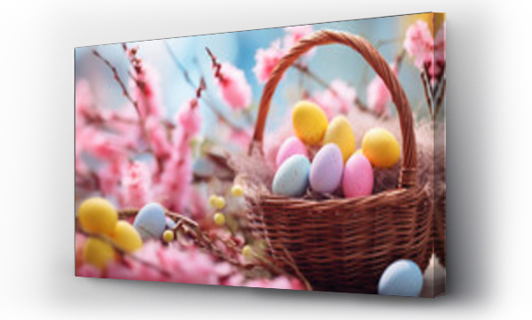 Wizualizacja Obrazu : #737895923 Kolorowe jasne t?o na ?yczenia Wielkanocne. Alleluja - Weso?ych ?wi?t Wielkiej Nocy. Jajka, kwiaty i inne wiosenne dekoracje.