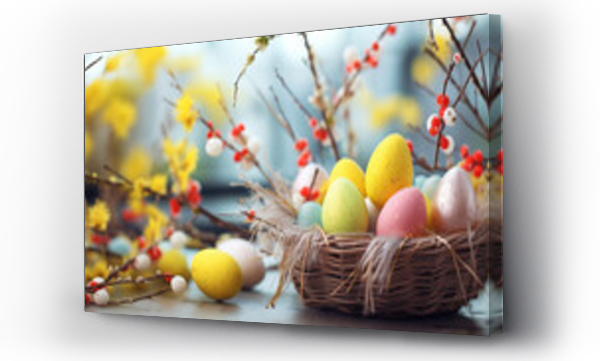 Wizualizacja Obrazu : #737897942 Kolorowe jasne t?o na ?yczenia Wielkanocne. Alleluja - Weso?ych ?wi?t Wielkiej Nocy. Jajka, kwiaty i inne wiosenne dekoracje.