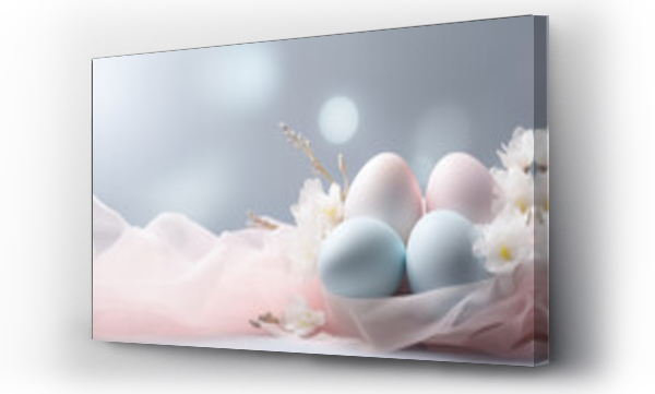 Wizualizacja Obrazu : #738024953 Minimalistyczne jasne t?o na ?yczenia Wielkanocne. Alleluja - Weso?ych ?wi?t Wielkiej Nocy. Jajka, koszyczek, kwiaty i inne wiosenne dekoracje.