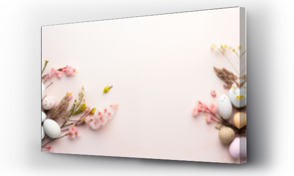 Wizualizacja Obrazu : #738070929 Minimalistyczne jasne t?o na ?yczenia Wielkanocne. Alleluja - Weso?ych ?wi?t Wielkiej Nocy. Jajka, kwiaty i inne wiosenne dekoracje.