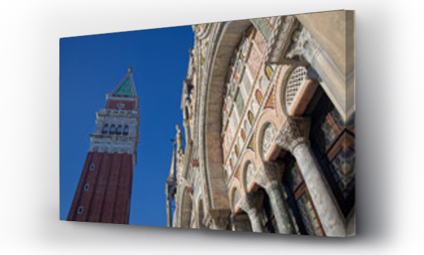 Wizualizacja Obrazu : #738217681 VENICE, ITALY, February 2, 2024 : Campanile of Piazza San Marco and the San Marco basilica facade on a blue sky background