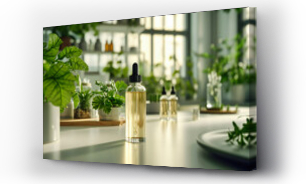 Wizualizacja Obrazu : #738329921 Organic oil in a transparent bottle, essence of nature for health and beauty, aromatherapy and natural skincare