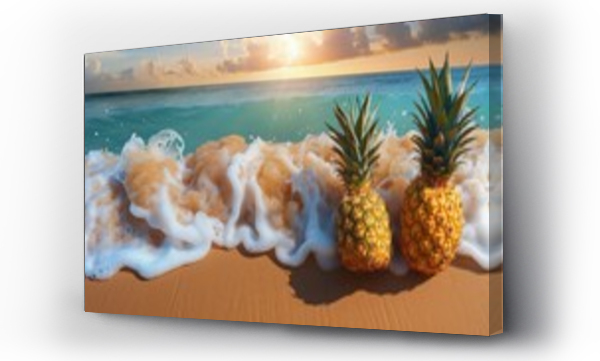 Wizualizacja Obrazu : #738402217 slice pineapple fruit in the side a sand beach, top view, copy space for text