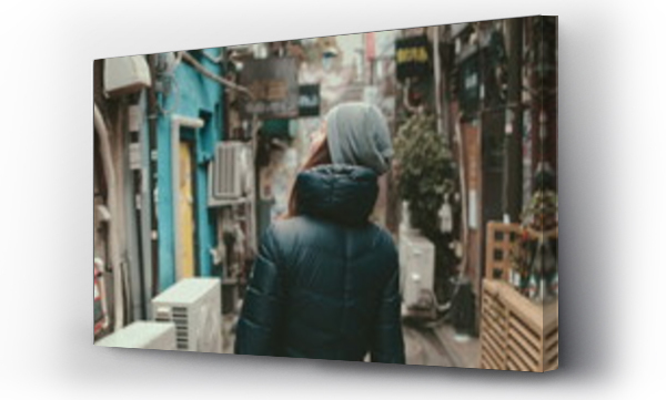 Wizualizacja Obrazu : #739031907 Tourist girl explore Japanese culture walking small old Tokyo street. Back view