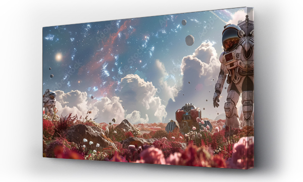 Wizualizacja Obrazu : #739181942 In a distant landscape machines work alongside an astronaut among bizarre flora with a galaxy overhead