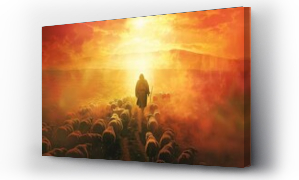Wizualizacja Obrazu : #740255536 Shepherd themed illustration of jesus christ guiding sheep Set against a backdrop of prayer and divine light Symbolizing spiritual leadership and guidance.