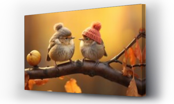 Wizualizacja Obrazu : #740280885 Two charming birds, sparrows, donning cute knitted hats, perched on a tree branch amidst an autumnal ambiance. Hello autumn. Autumn character.