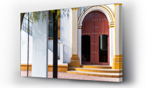 Wizualizacja Obrazu : #740395922 Traditional Colonial Church Entrance in Mexico, Open Doorway, Sunlit Courtyard