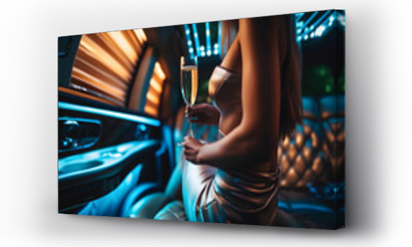 Wizualizacja Obrazu : #740471621 A wealthy woman with a glass of champagne in luxury car