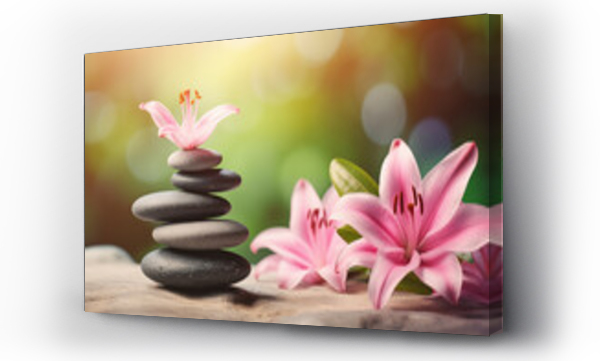Wizualizacja Obrazu : #740507128 Pink flowers rest on spa rocks. Gives a comfortable feeling