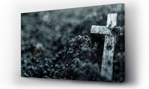 Wizualizacja Obrazu : #740669308 Cross, ashes, and olive leaves on concrete stone background. Ash Wednesday concept