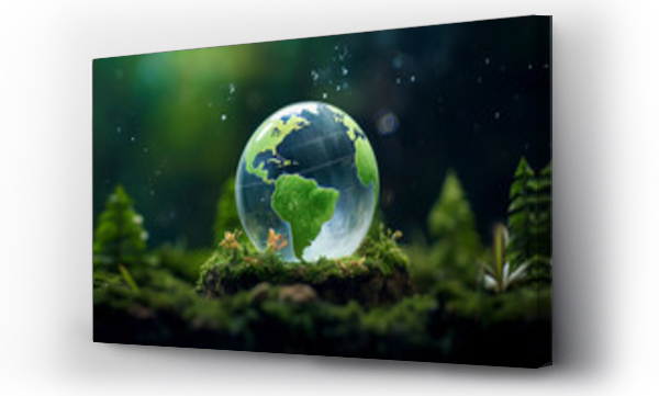 Wizualizacja Obrazu : #740723542 A globe depicting Earth rests on moss, surrounded by greenery, under a starry sky, illustrating nature and cosmos unity, ai generative