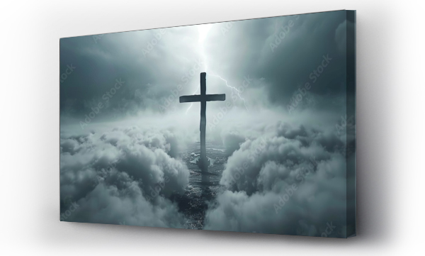 Wizualizacja Obrazu : #741122698 Symbolic cross for jesus  resurrection, with sky over golgotha hill glowing in light and clouds.