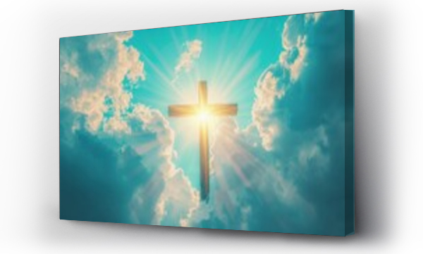 Wizualizacja Obrazu : #741449319 Symbolic cross representing jesus  resurrection with sky over golgotha hill in light and clouds