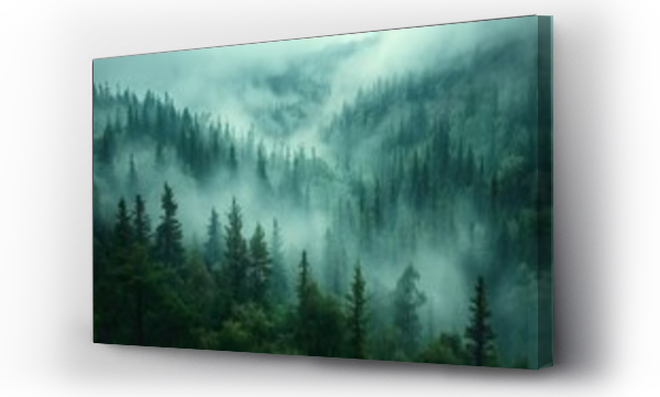 Wizualizacja Obrazu : #741618445 Misty landscape featuring a fir forest in a vintage retro aesthetic