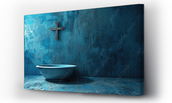 Wizualizacja Obrazu : #741635095 Religious baptismal font in a church with cross above in an arched blue alcove between pillars with textured wall. with copy space image. Place for adding text or design