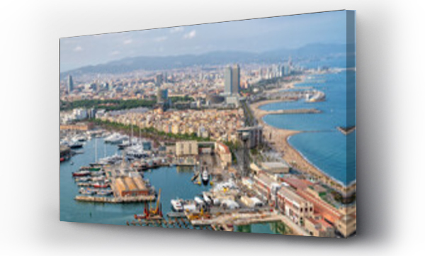 Wizualizacja Obrazu : #742278191 Barcelona aerial panorama, beach with palms, beautiful city by the sea