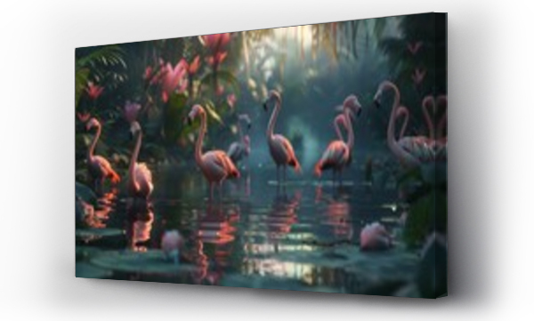 Wizualizacja Obrazu : #742570402 Graceful digital flamingo characters socializing in a serene animated tropical paradise