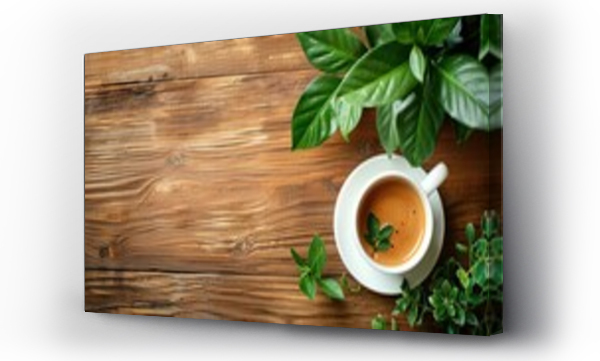Wizualizacja Obrazu : #742694170 a white coffee cup on a wooden table with green plants
