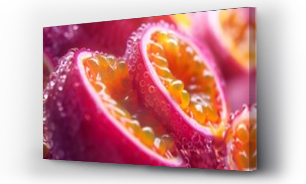 Wizualizacja Obrazu : #742809666 Close-up of passion fruit seeds, emphasizing their vibrant color and juicy texture. 8k