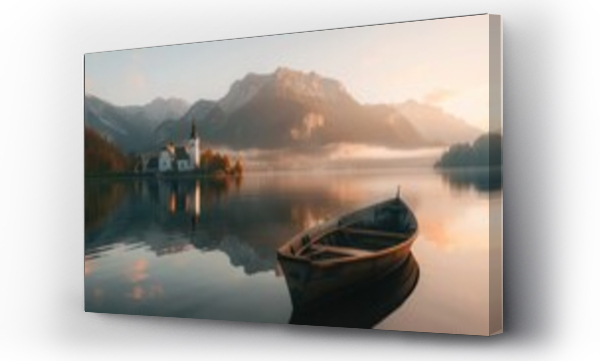 Wizualizacja Obrazu : #743040347 Sunrise lake in Austria, boat, mountains, church, landscape, nature