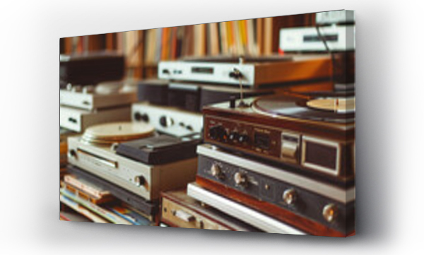 Wizualizacja Obrazu : #743067229 Vintage audio equipment with vinyl records and wooden aesthetics for music enthusiasts and retro style advertising