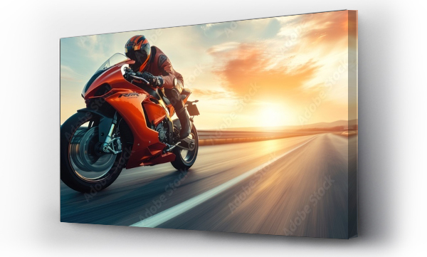 Wizualizacja Obrazu : #743179091 Motorbike rider in sunset light riding with high speed