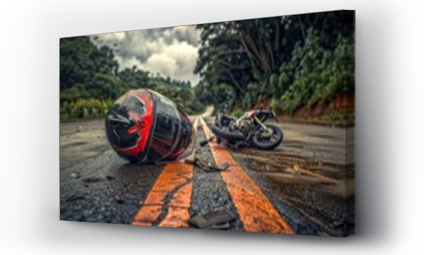 Wizualizacja Obrazu : #743340946 A motorcycle accident scene with a helmet and bike on the road.