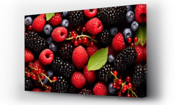 Wizualizacja Obrazu : #743927122 Berry closeup overhead colorful assorted mix of strawberries, blueberries, raspberries, blackberries, red currants on background. Background of different berries and fruits