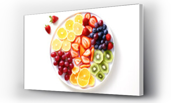 Wizualizacja Obrazu : #744011062 Top view of colorful raw cut fruits including oranges, kiwis, grapes, strawberries on white plate