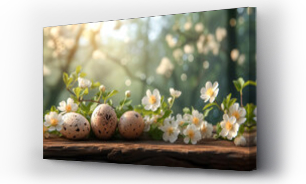 Wizualizacja Obrazu : #744483893 pastel colors Easter eggs on wood with flowers on blurred trees background. free space. Easter card
