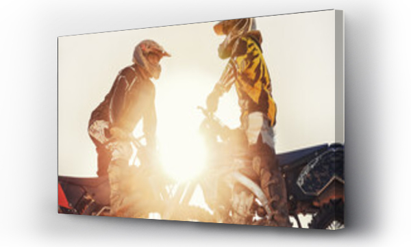Wizualizacja Obrazu : #744522256 Sport, racer or people on motorcycle outdoor on dirt road with relax after driving, challenge or competition. Motocross, lens flare or dirtbike driver or friends on offroad course or path for sunset