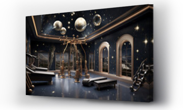 Wizualizacja Obrazu : #744671215 A gym with a celestial theme, inspired by the cosmos and astronomy, featuring starry decor and celestial workout zones.