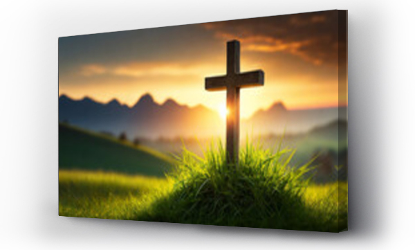 Wizualizacja Obrazu : #744719661 Silhouette Christian cross on grass in sunrise, symbolizing hope and faith in divine grace