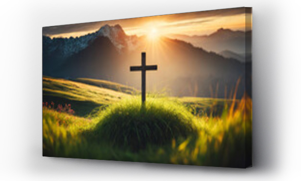 Wizualizacja Obrazu : #744719719 Silhouette Christian cross on grass in sunrise, symbolizing hope and faith in divine grace