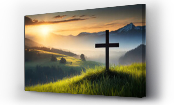 Wizualizacja Obrazu : #744719801 Silhouette Christian cross on grass in sunrise, symbolizing hope and faith in divine grace