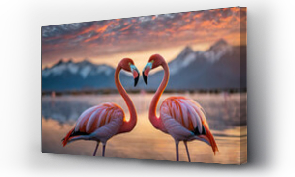 Wizualizacja Obrazu : #744721250 Two flamingos create heart shape at sunset, symbolizing love and togetherness