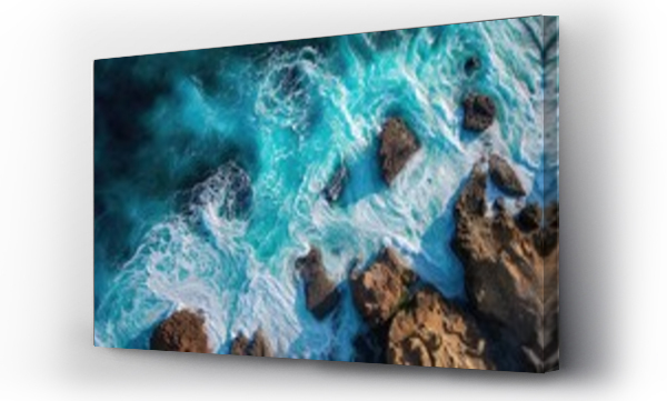 Wizualizacja Obrazu : #744822194 Dramatic Overhead Shot of Rugged Coastline with Rocks and Crashing Waves. Nature Background.
