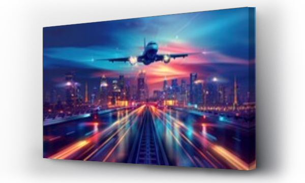 Wizualizacja Obrazu : #744872115 A vector design art depicting an urban scene with an automobile highway, infrastructure, and transportation panorama. The illustration includes an airplane flying, a train in motion, a night cityscape