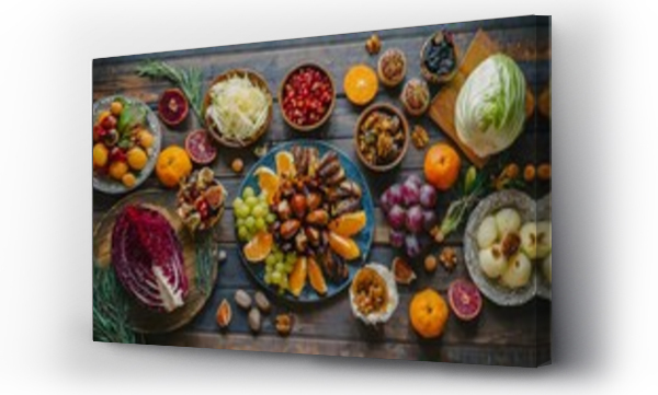 Wizualizacja Obrazu : #745108071 Zenith view of an old dark wooden table with fruit and vegetables.